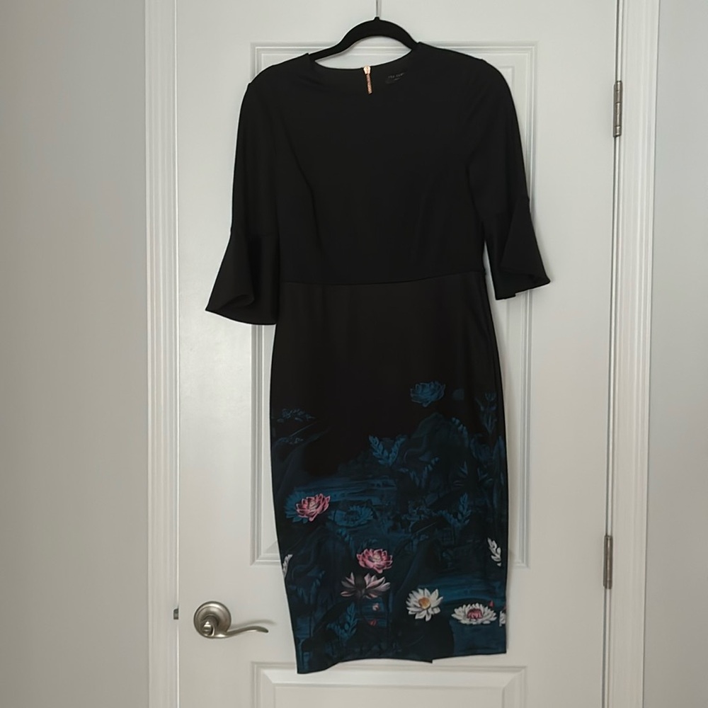 Ted Baker Black Midi Dress with Floral Accent